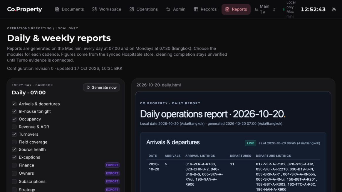 Dated Co.Property reports screen shown as a sanitized internal interface example.